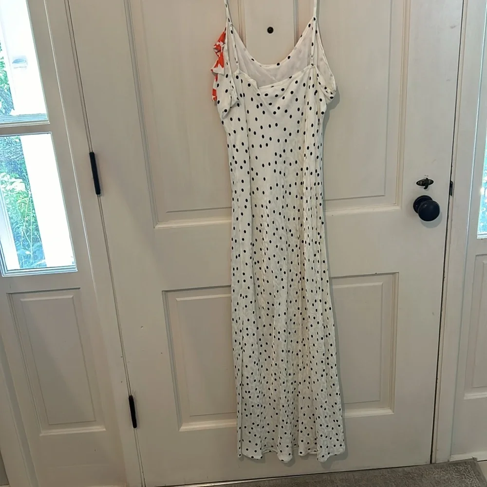 RIXO White Slip Midi Dress with Red Floral Bodice and Black Dot Print - Picture 3 of 4